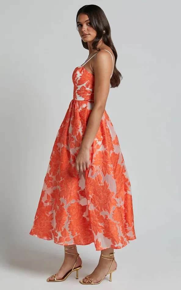 Showpo Brailey Midi Dress 8211 Aline Corset Detail Dress In Orange Women Dresses