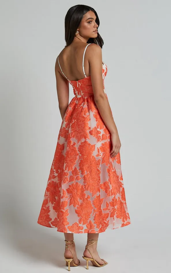 Showpo Brailey Midi Dress 8211 Aline Corset Detail Dress In Orange Women Dresses