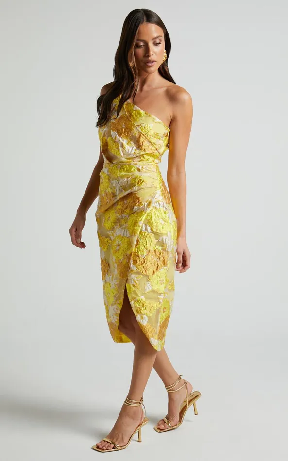Showpo Brailey Midi Dress 8211 One Shoulder Wrap Dress In Yellow Floral Women Dresses