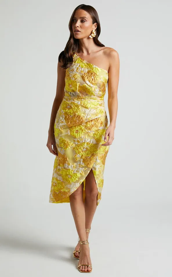 Showpo Brailey Midi Dress 8211 One Shoulder Wrap Dress In Yellow Floral Women Dresses