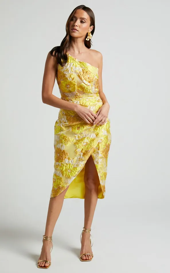 Showpo Brailey Midi Dress 8211 One Shoulder Wrap Dress In Yellow Floral Women Dresses