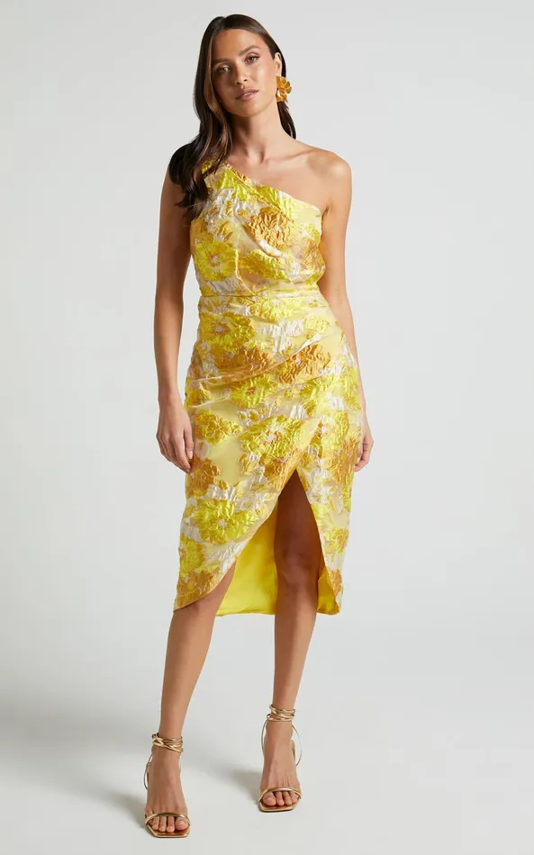 Showpo Brailey Midi Dress 8211 One Shoulder Wrap Dress In Yellow Floral Women Dresses