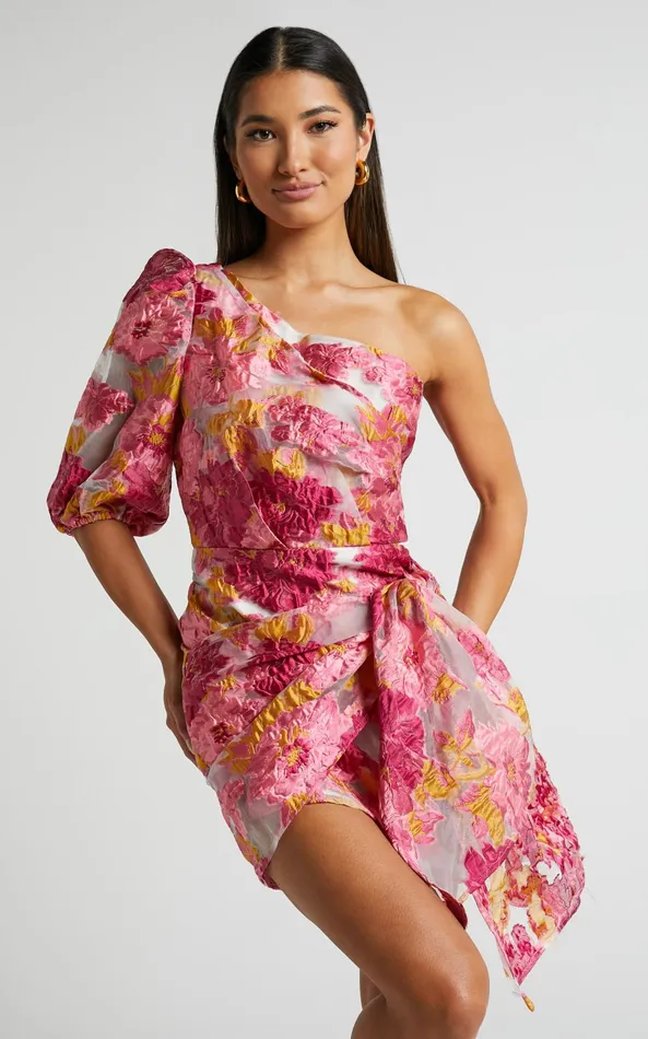 Showpo Brailey Mini Dress 8211 One Shoulder Puff Sleeve Dress In Pink Jacquard Women Curve Clothes Showpo Brailey Mini Dress 8211 One Shoulder Puff Sleeve Dress In Pink Jacquard Women Curve Clothes