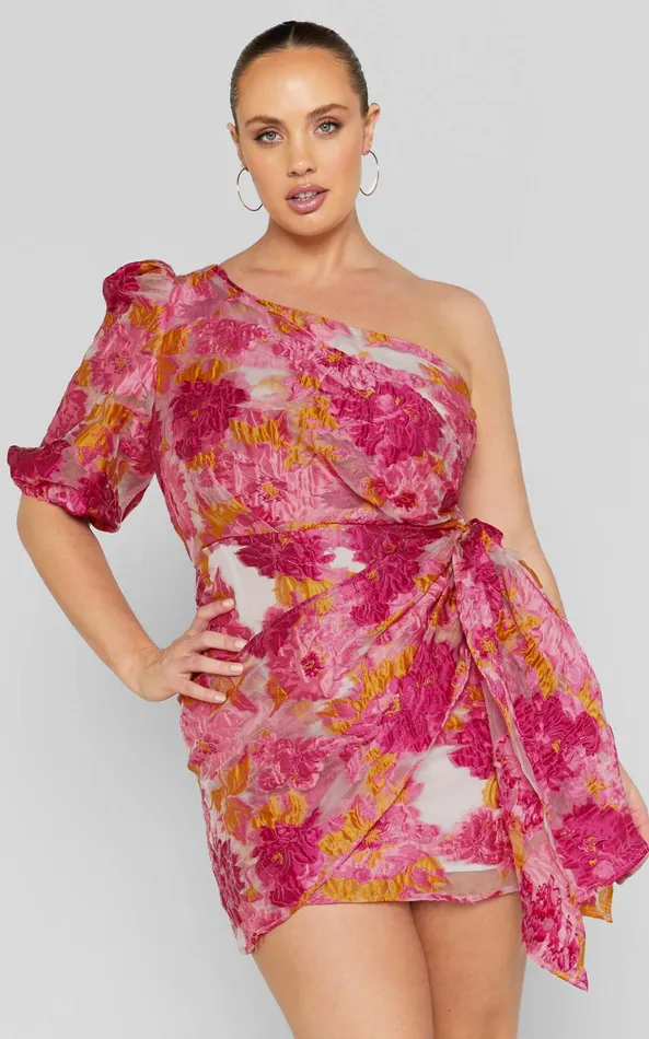 Showpo Brailey Mini Dress 8211 One Shoulder Puff Sleeve Dress In Pink Jacquard Women Curve Clothes