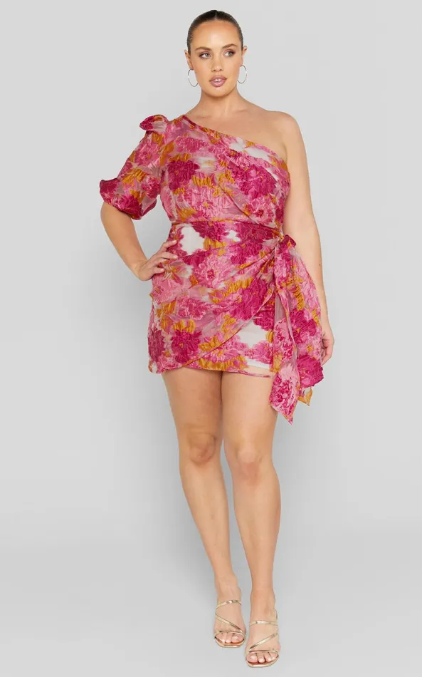 Showpo Brailey Mini Dress 8211 One Shoulder Puff Sleeve Dress In Pink Jacquard Women Curve Clothes
