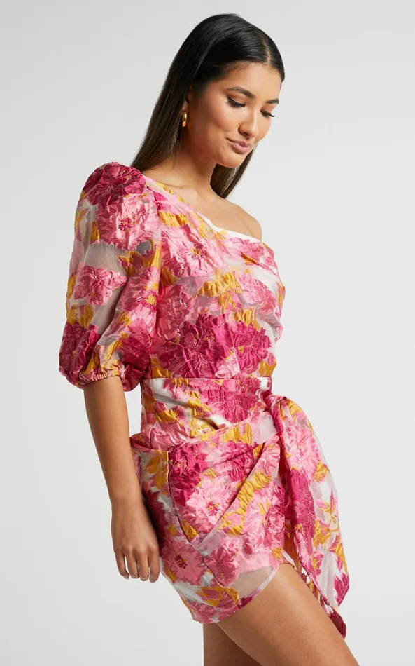 Showpo Brailey Mini Dress 8211 One Shoulder Puff Sleeve Dress In Pink Jacquard Women Curve Clothes