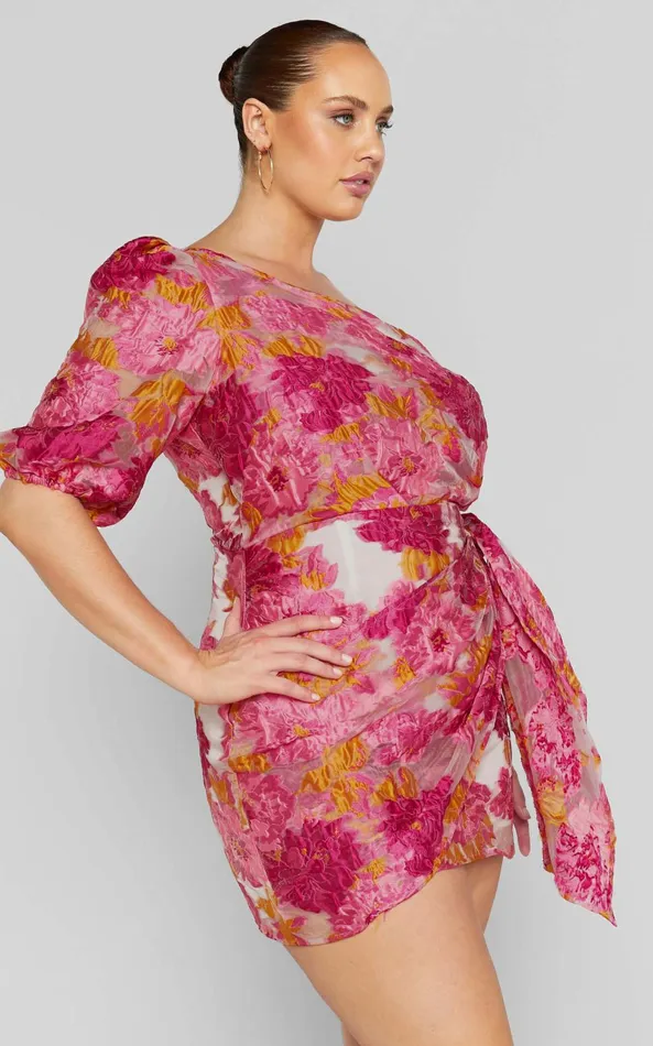 Showpo Brailey Mini Dress 8211 One Shoulder Puff Sleeve Dress In Pink Jacquard Women Curve Clothes
