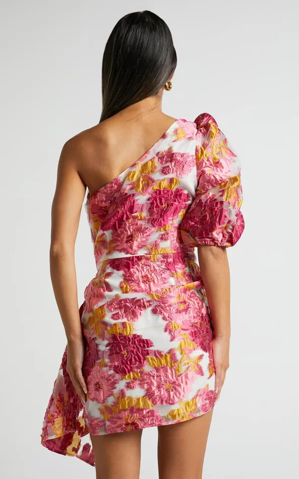 Showpo Brailey Mini Dress 8211 One Shoulder Puff Sleeve Dress In Pink Jacquard Women Curve Clothes