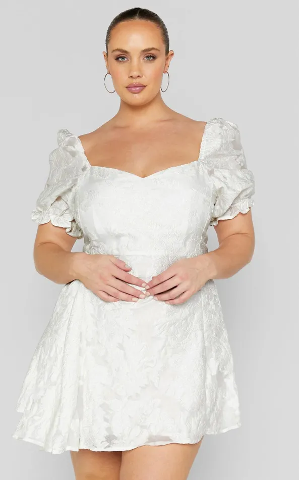 Showpo Brailey Mini Dress 8211 Puff Sleeve Fit And Flare Dress In White Women Curve Clothes