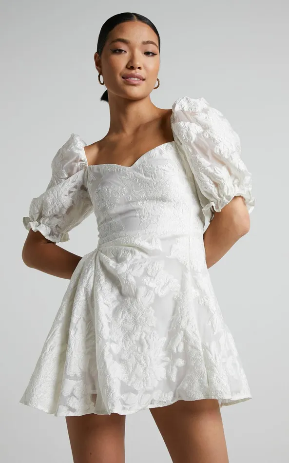 Showpo Brailey Mini Dress 8211 Puff Sleeve Fit And Flare Dress In White Women Curve Clothes