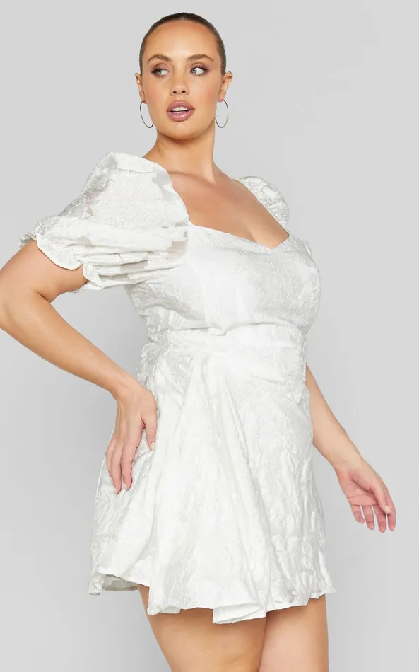 Showpo Brailey Mini Dress 8211 Puff Sleeve Fit And Flare Dress In White Women Curve Clothes