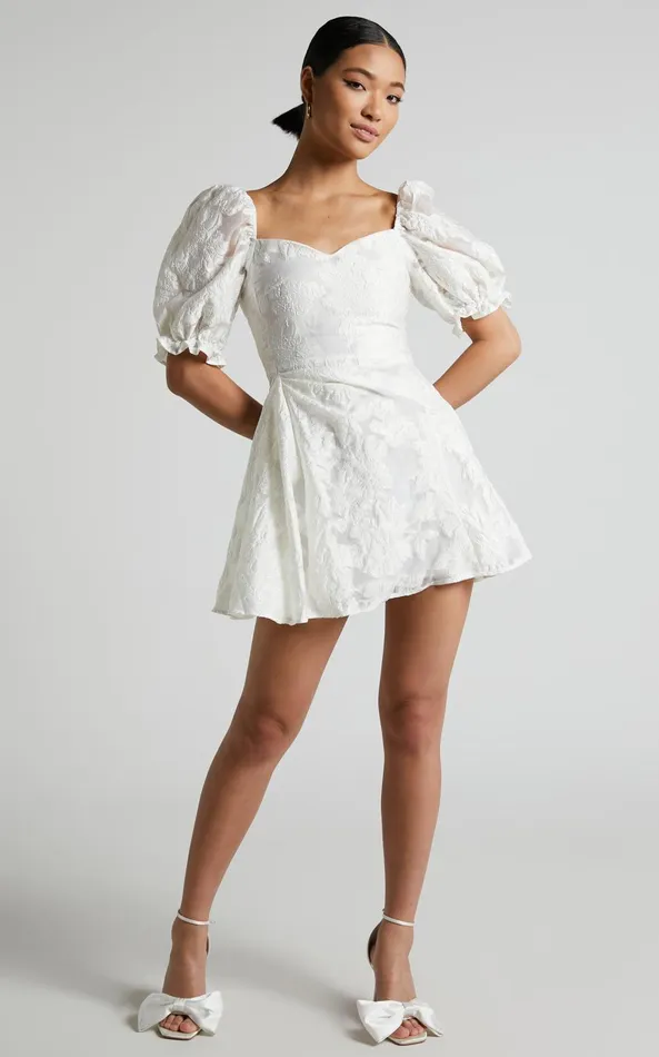 Showpo Brailey Mini Dress 8211 Puff Sleeve Fit And Flare Dress In White Women Curve Clothes