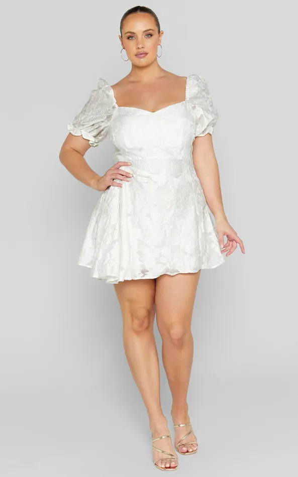 Showpo Brailey Mini Dress 8211 Puff Sleeve Fit And Flare Dress In White Women Curve Clothes