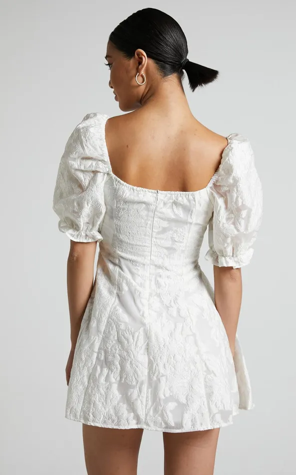 Showpo Brailey Mini Dress 8211 Puff Sleeve Fit And Flare Dress In White Women Curve Clothes