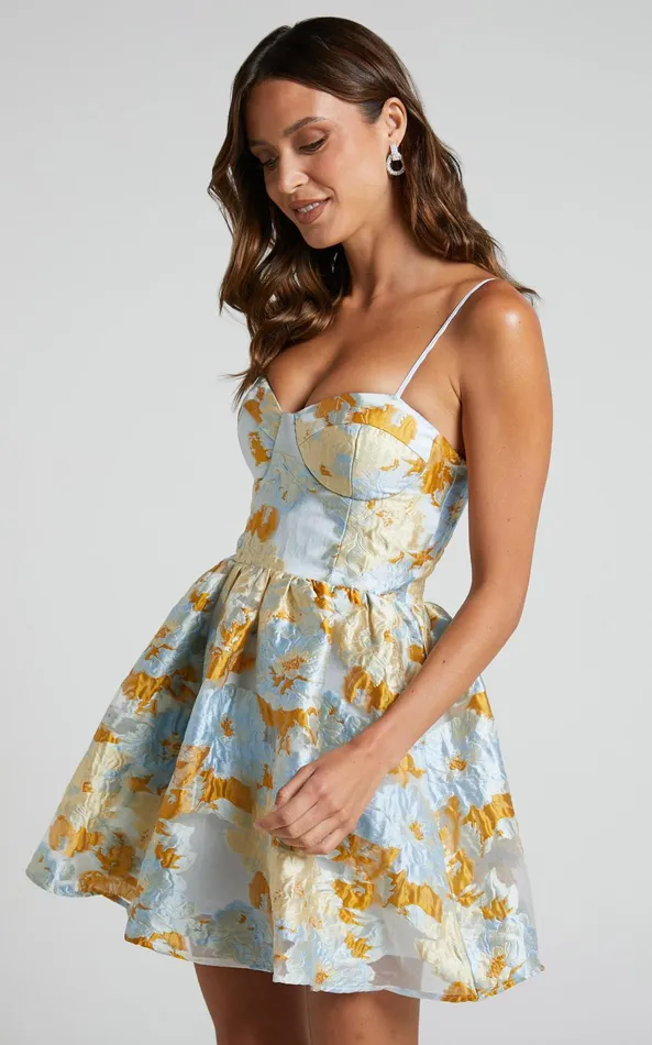 Showpo Brailey Mini Dress 8211 Sweetheart Bustier Dress In Blue Jacquard Women Dresses
