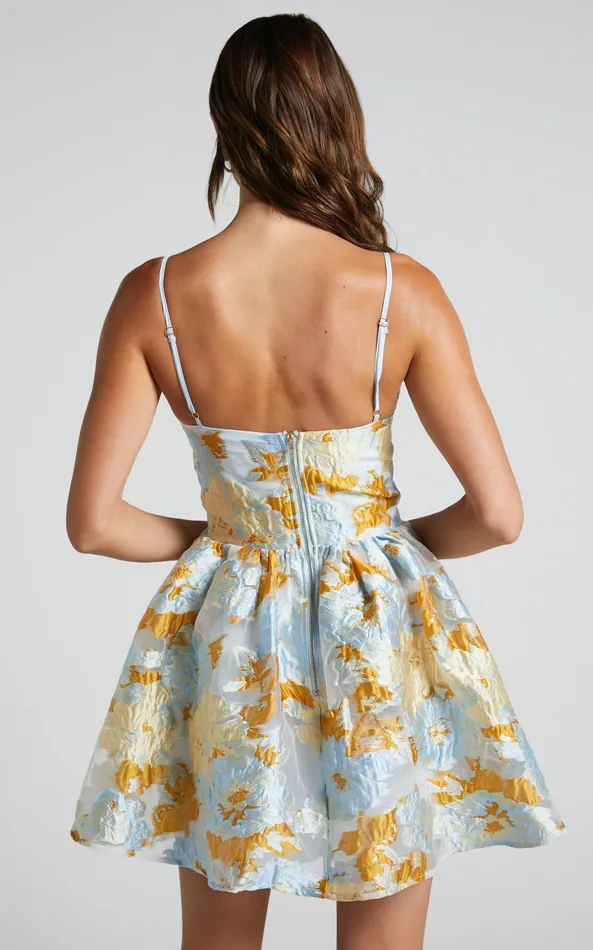 Showpo Brailey Mini Dress 8211 Sweetheart Bustier Dress In Blue Jacquard Women Dresses