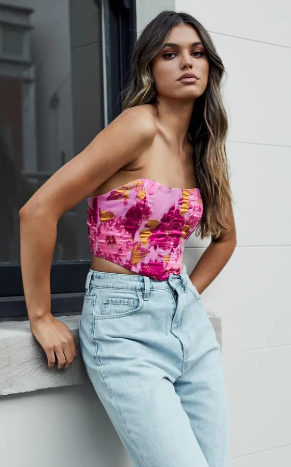 Showpo Brailey Top 8211 Bustier Top In Pink Jacquard Women Tops