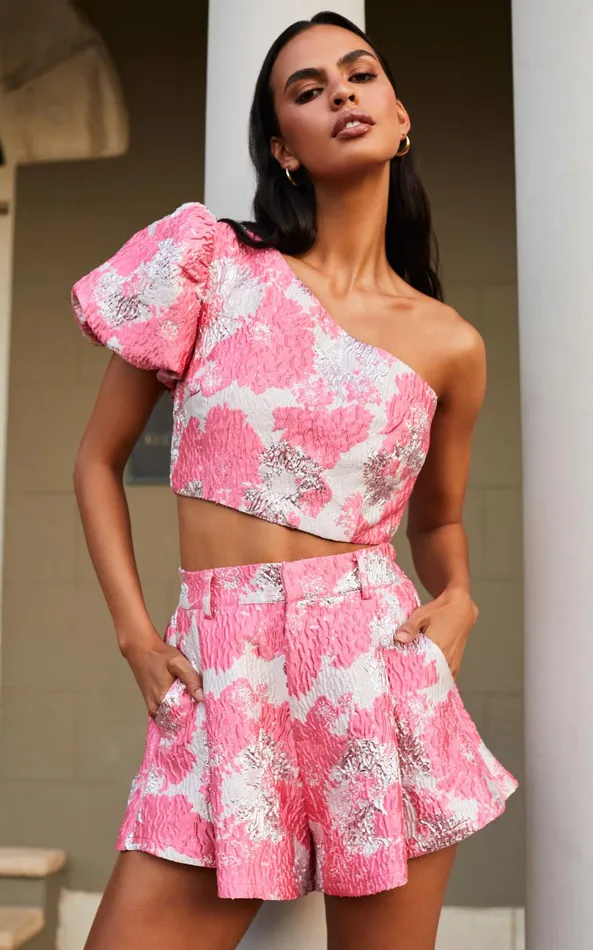 Showpo Brailey Two Piece Set 8211 One Shoulder Puff Sleeve Top And Shorts Set In Light Pink Jacquard Women Two Piece Sets and Coords Showpo Brailey Two Piece Set 8211 One Shoulder Puff Sleeve Top And Shorts Set In Light Pink Jacquard Women Two Piece Sets and Coords