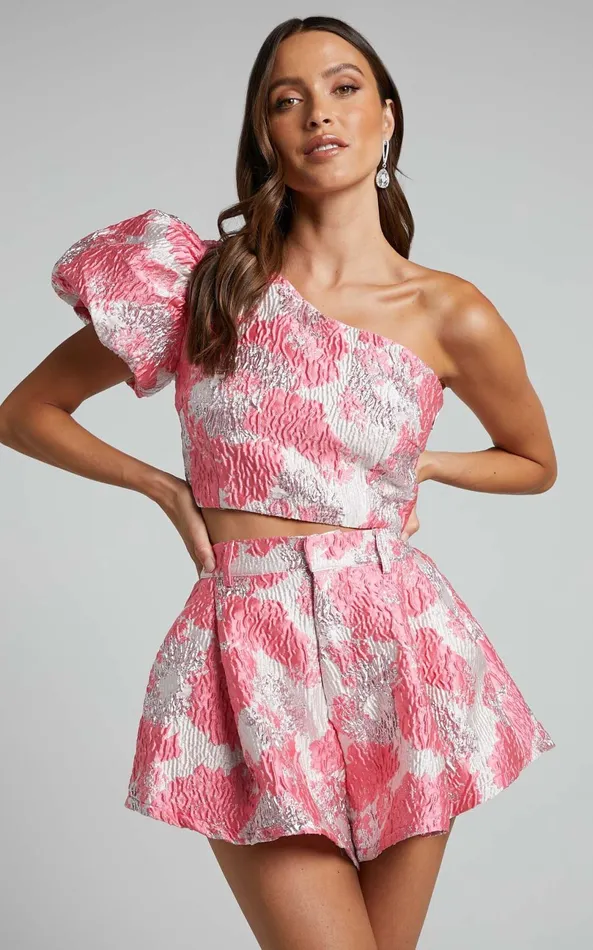 Showpo Brailey Two Piece Set 8211 One Shoulder Puff Sleeve Top And Shorts Set In Light Pink Jacquard Women Two Piece Sets and Coords