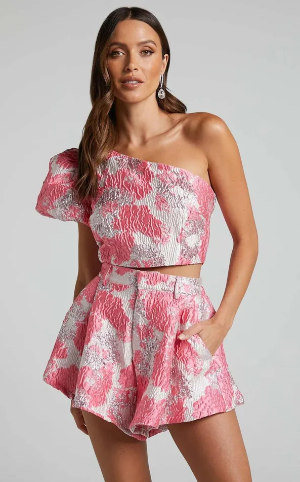 Showpo Brailey Two Piece Set 8211 One Shoulder Puff Sleeve Top And Shorts Set In Light Pink Jacquard Women Two Piece Sets and Coords