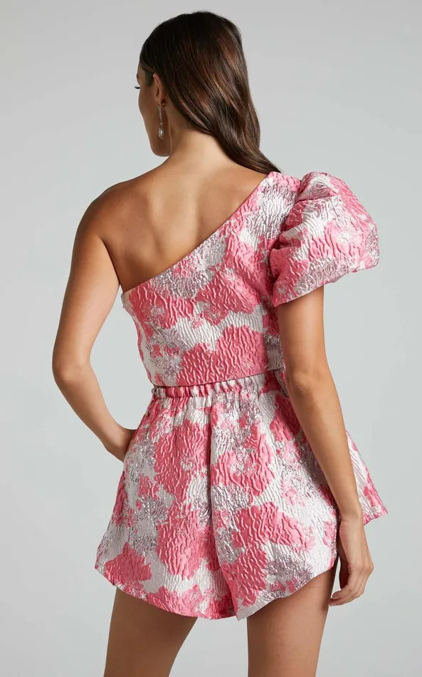Showpo Brailey Two Piece Set 8211 One Shoulder Puff Sleeve Top And Shorts Set In Light Pink Jacquard Women Two Piece Sets and Coords