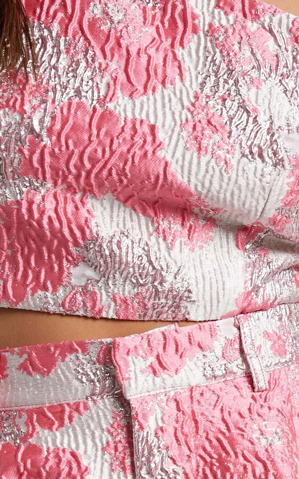 Showpo Brailey Two Piece Set 8211 One Shoulder Puff Sleeve Top And Shorts Set In Light Pink Jacquard Women Two Piece Sets and Coords