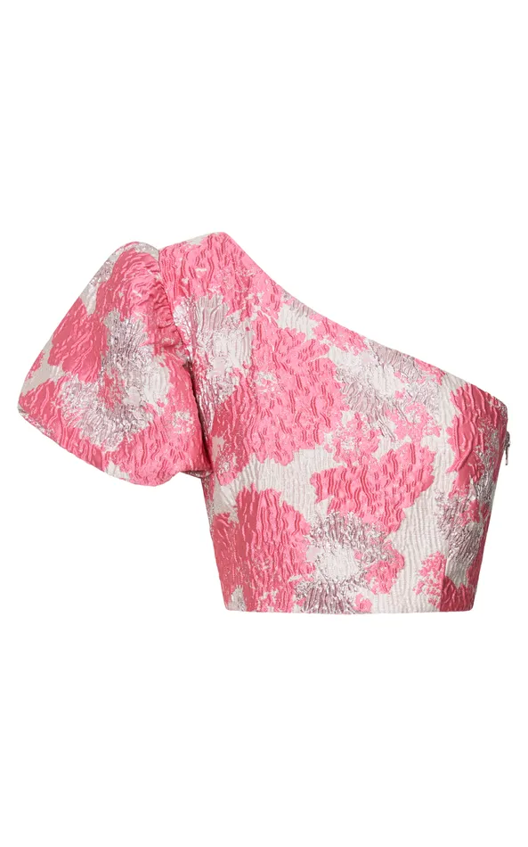 Showpo Brailey Two Piece Set 8211 One Shoulder Puff Sleeve Top And Shorts Set In Light Pink Jacquard Women Two Piece Sets and Coords