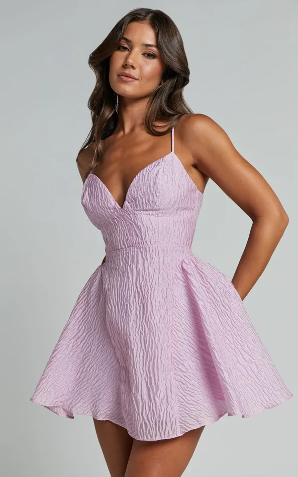 Showpo Brandi Mini Dress 8211 Bust Cup Full Hem Textured Jacquard Mini Dress In Light Pink Women Dresses