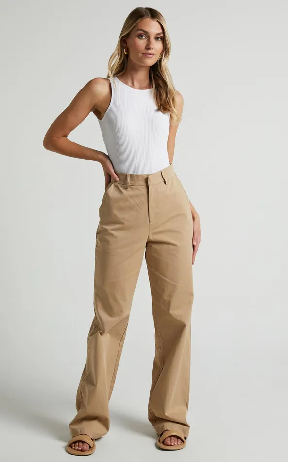 Showpo Brasilia Pant 8211 High Waisted Straight Leg In Tan Women Pants