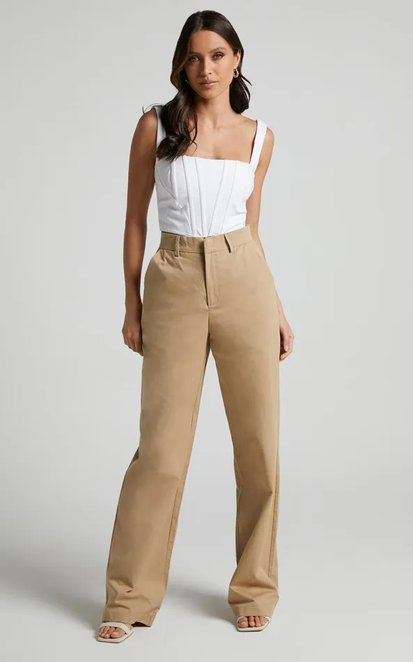 Showpo Brasilia Pant 8211 High Waisted Straight Leg In Tan Women Pants