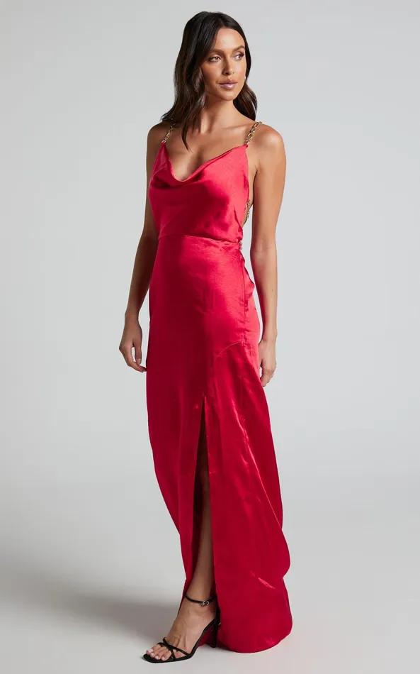 Showpo Bravia Maxi Dress 8211 Chain Strap Open Back Satin Dress In Red Women Dresses