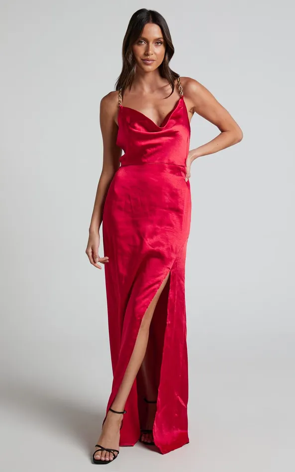 Showpo Bravia Maxi Dress 8211 Chain Strap Open Back Satin Dress In Red Women Dresses
