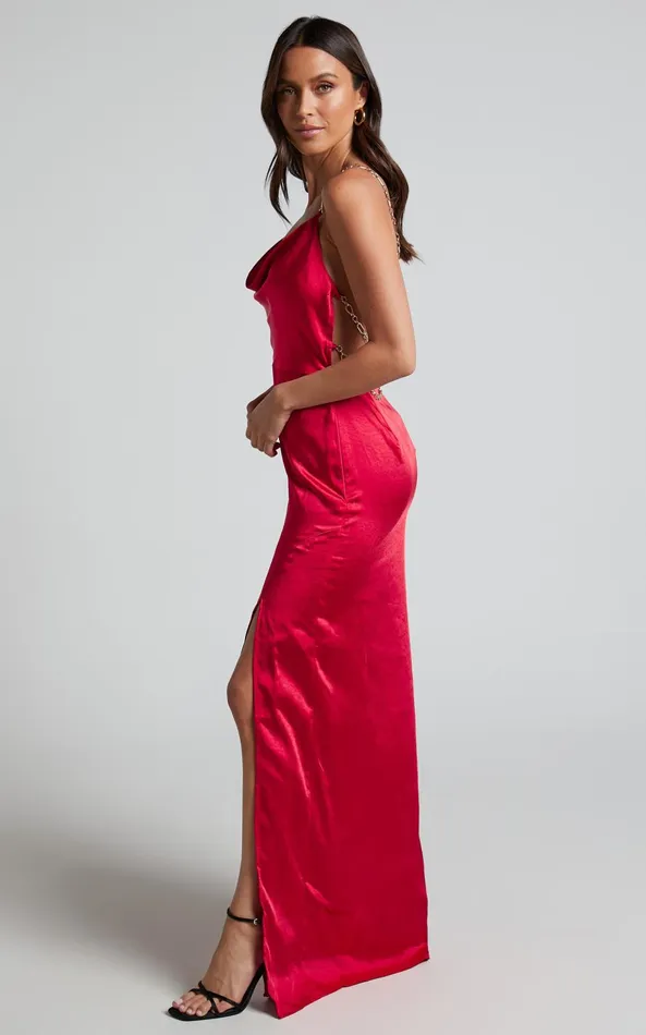 Showpo Bravia Maxi Dress 8211 Chain Strap Open Back Satin Dress In Red Women Dresses