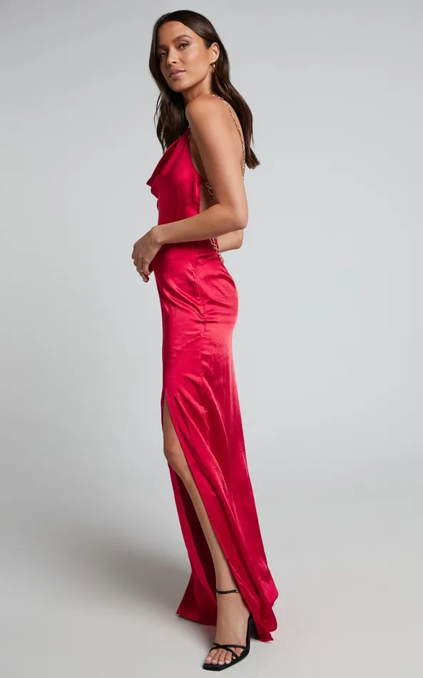 Showpo Bravia Maxi Dress 8211 Chain Strap Open Back Satin Dress In Red Women Dresses
