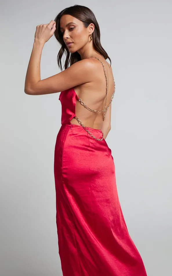 Showpo Bravia Maxi Dress 8211 Chain Strap Open Back Satin Dress In Red Women Dresses