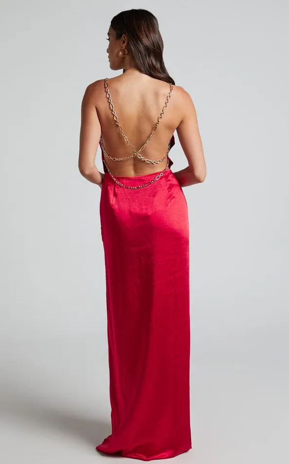 Showpo Bravia Maxi Dress 8211 Chain Strap Open Back Satin Dress In Red Women Dresses