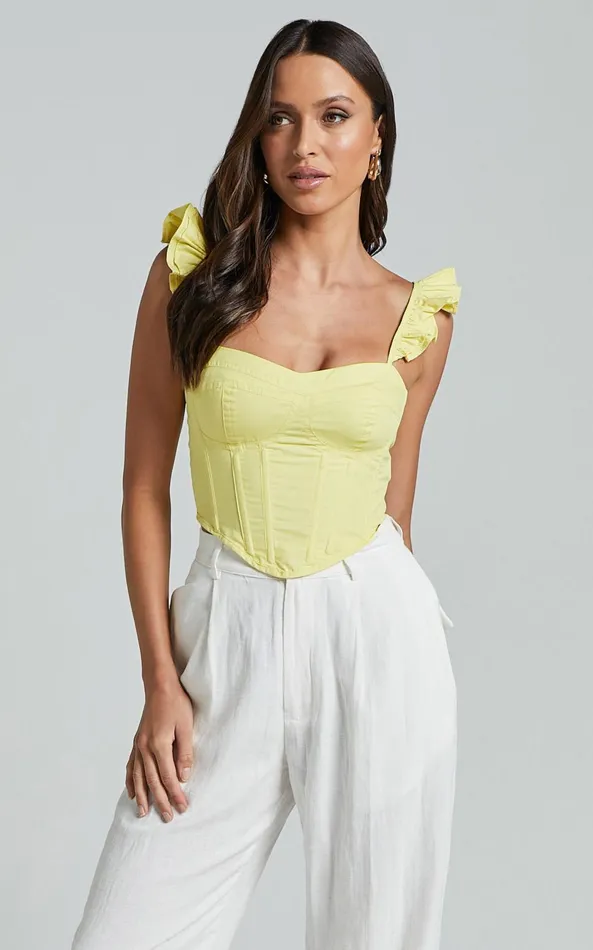 Showpo Braylen Top 8211 Sweetheart Flutter Sleeve Corset Top In Sun Yellow Women Tops