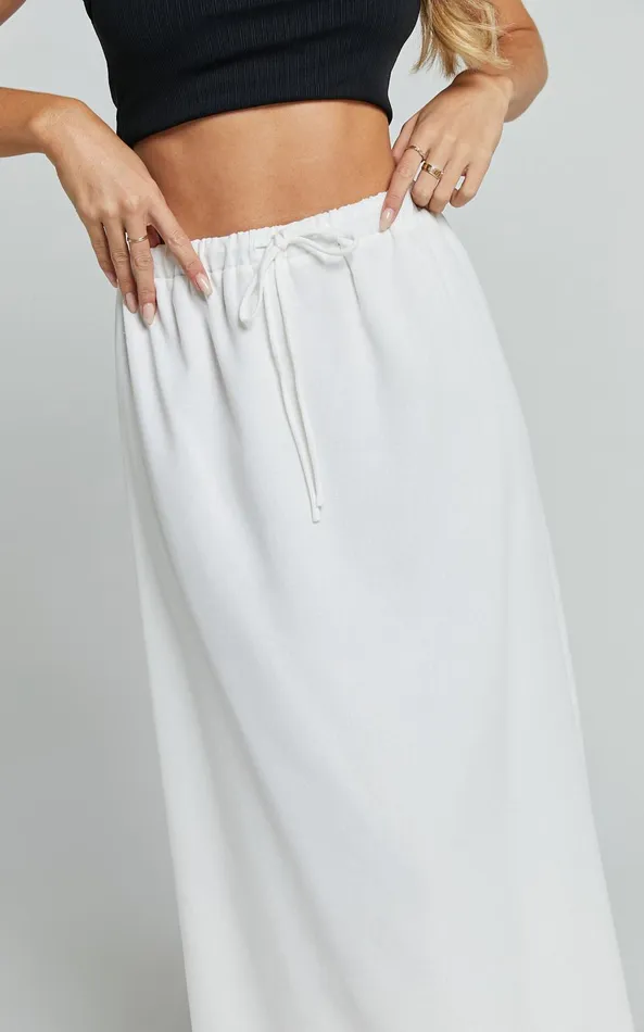 Showpo Bree Midi Skirt 8211 Tie Waist Linen Look A Line Skirt In White Women Skirts