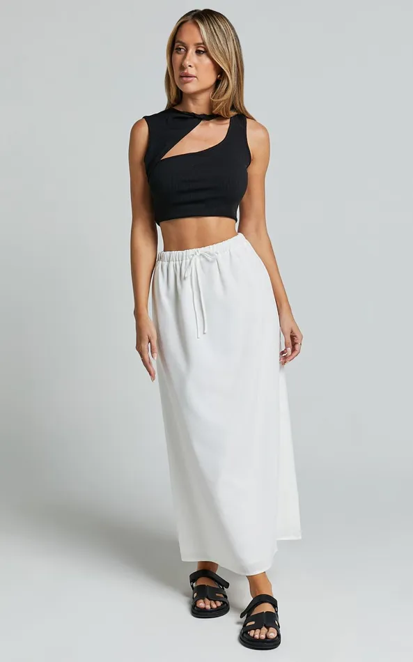 Showpo Bree Midi Skirt 8211 Tie Waist Linen Look A Line Skirt In White Women Skirts