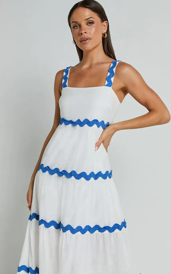 Showpo Brenda Midi Dress 8211 Sleeveless Straight Neck Wave Detail A Line Dress In White Women Dresses