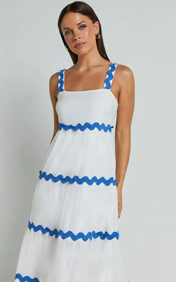 Showpo Brenda Midi Dress 8211 Sleeveless Straight Neck Wave Detail A Line Dress In White Women Dresses