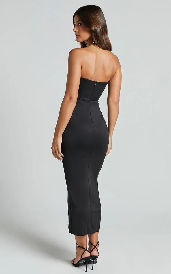 Showpo Brenda Midi Dress 8211 Strapless High Slit Side Dress In Black Women Dresses