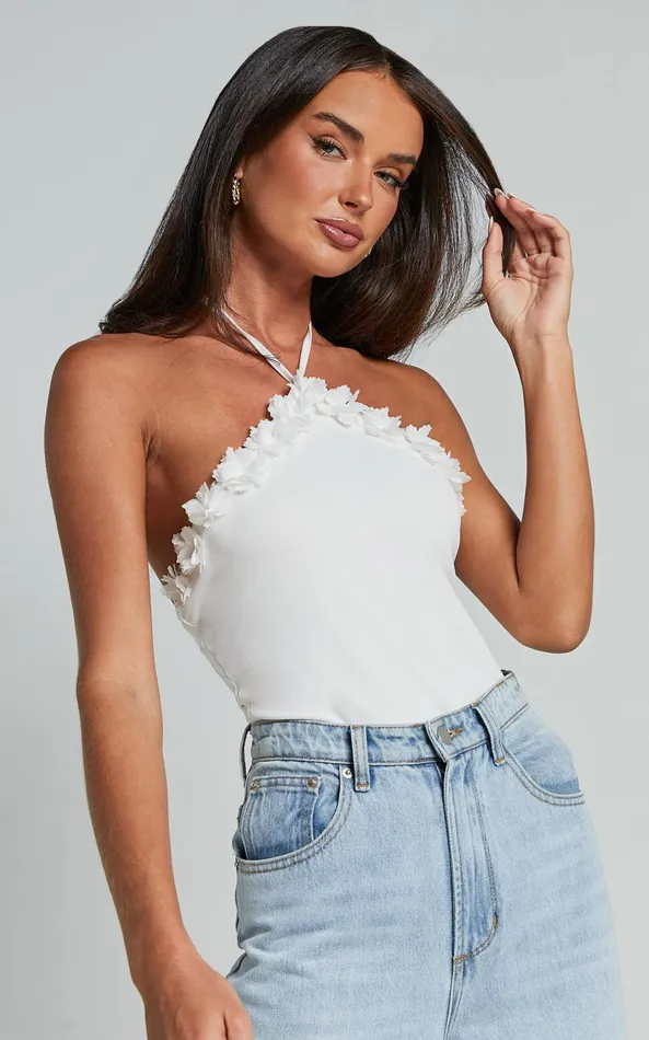 Showpo Brenda Top 8211 Diamond Halter Sheer Floral Detail Bodysuit In White Women Tops Showpo Brenda Top 8211 Diamond Halter Sheer Floral Detail Bodysuit In White Women Tops