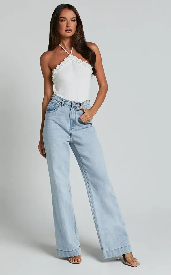 Showpo Brenda Top 8211 Diamond Halter Sheer Floral Detail Bodysuit In White Women Tops