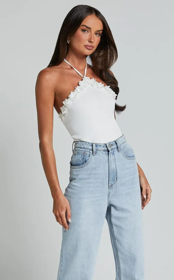 Showpo Brenda Top 8211 Diamond Halter Sheer Floral Detail Bodysuit In White Women Tops