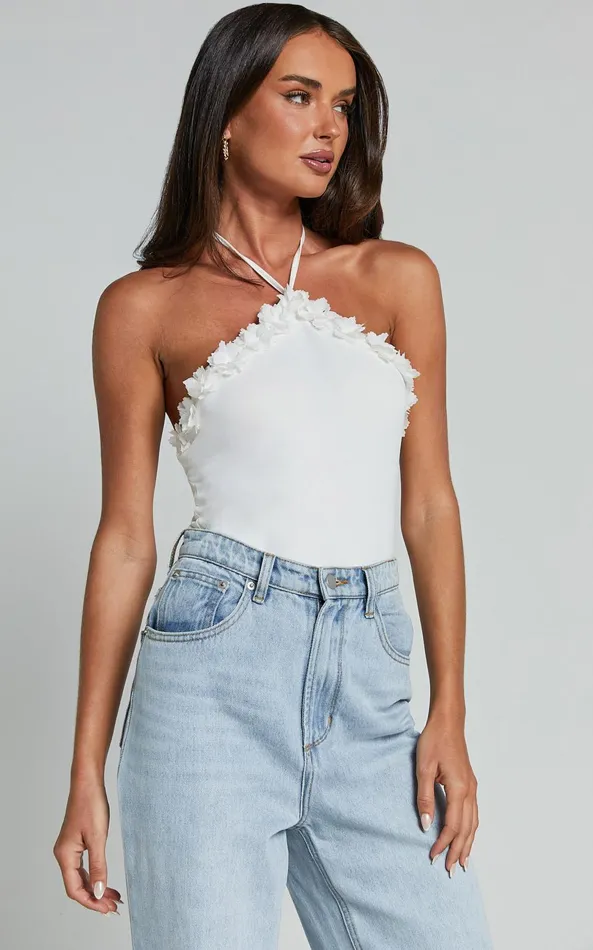 Showpo Brenda Top 8211 Diamond Halter Sheer Floral Detail Bodysuit In White Women Tops