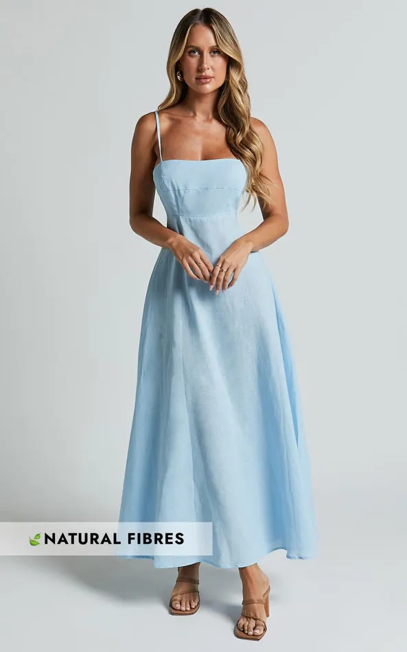 Showpo Brette Midi Dress 8211 Linen Look Straight Neck Strappy Fit And Flare Dress In Blue Women Dresses Showpo Brette Midi Dress 8211 Linen Look Straight Neck Strappy Fit And Flare Dress In Blue Women Dresses