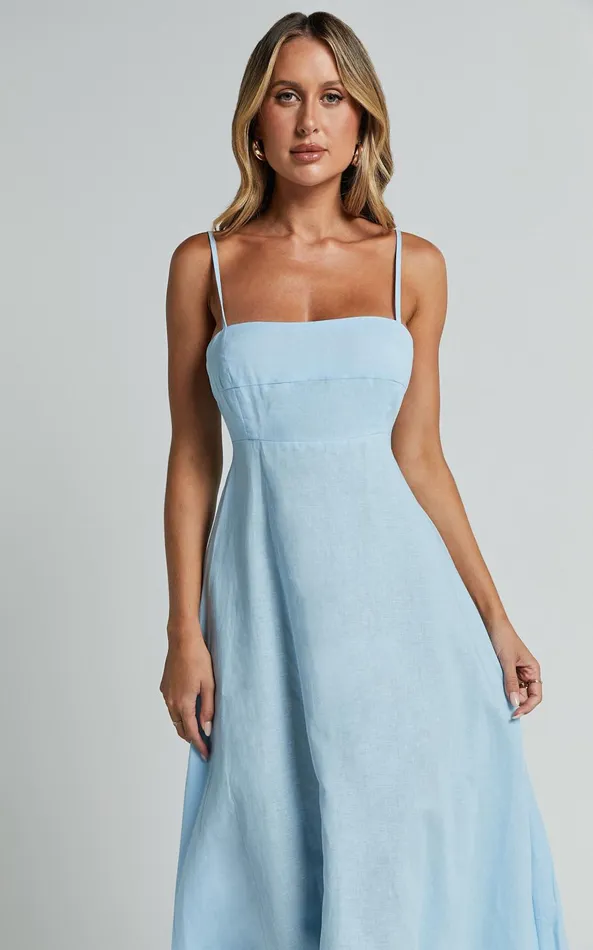 Showpo Brette Midi Dress 8211 Linen Look Straight Neck Strappy Fit And Flare Dress In Blue Women Dresses
