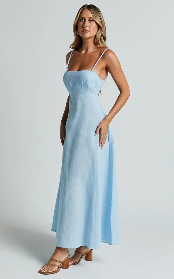 Showpo Brette Midi Dress 8211 Linen Look Straight Neck Strappy Fit And Flare Dress In Blue Women Dresses