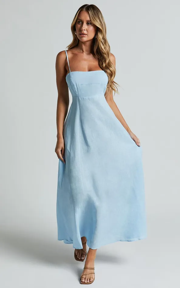 Showpo Brette Midi Dress 8211 Linen Look Straight Neck Strappy Fit And Flare Dress In Blue Women Dresses